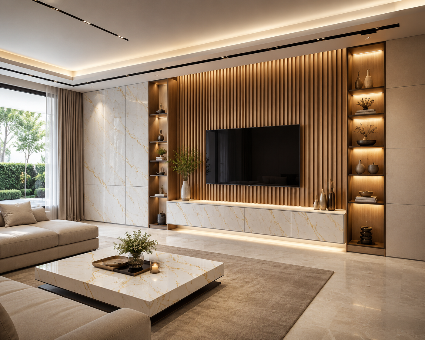 Luxury interior with wooden slat wall by Orange Decore
